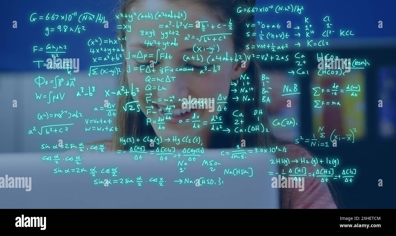 Image of equations and data processing over caucasian female student studying. Global education, learning, school, digital interface and data processi Stock Photo