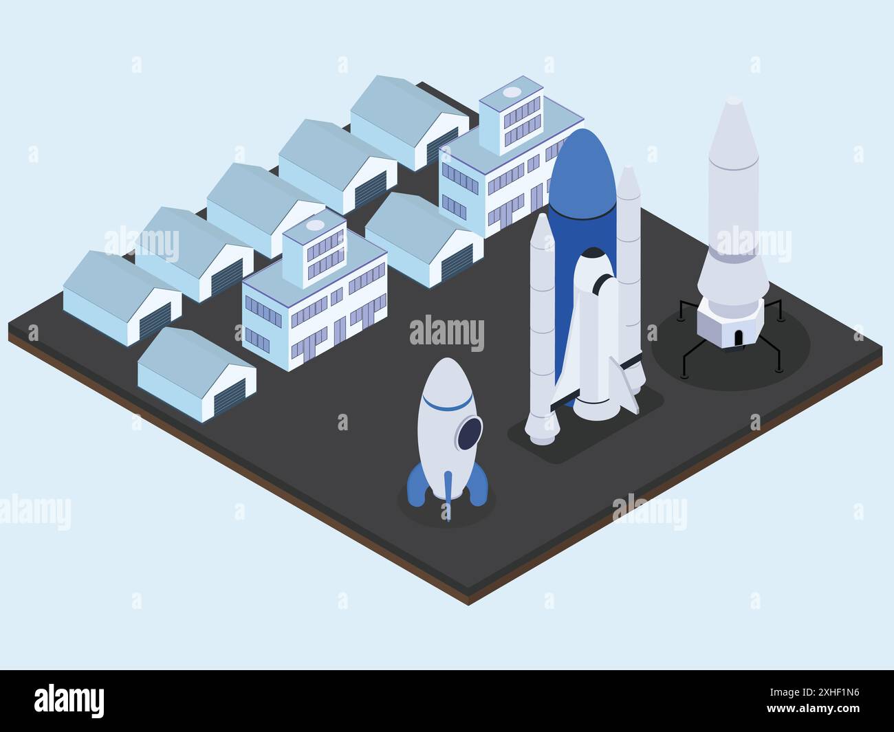 Spaceship startup innovation on the launching area near the factory building. Stock Vector