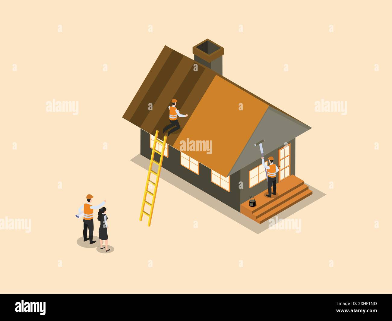 Woman and contractor looking at construction worker Stock Vector