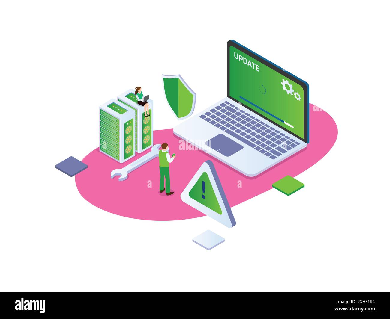 Worker specialists updating software, programs and applications Stock Vector