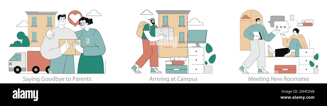 College Transition set. Student's journey from farewell with family to ...