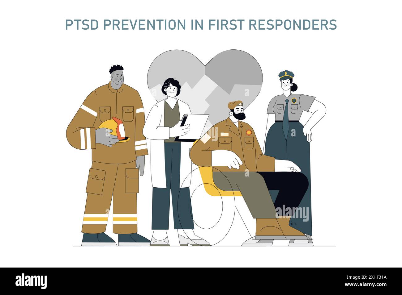 PTSD prevention concept. Illustration of first responders focused on ...