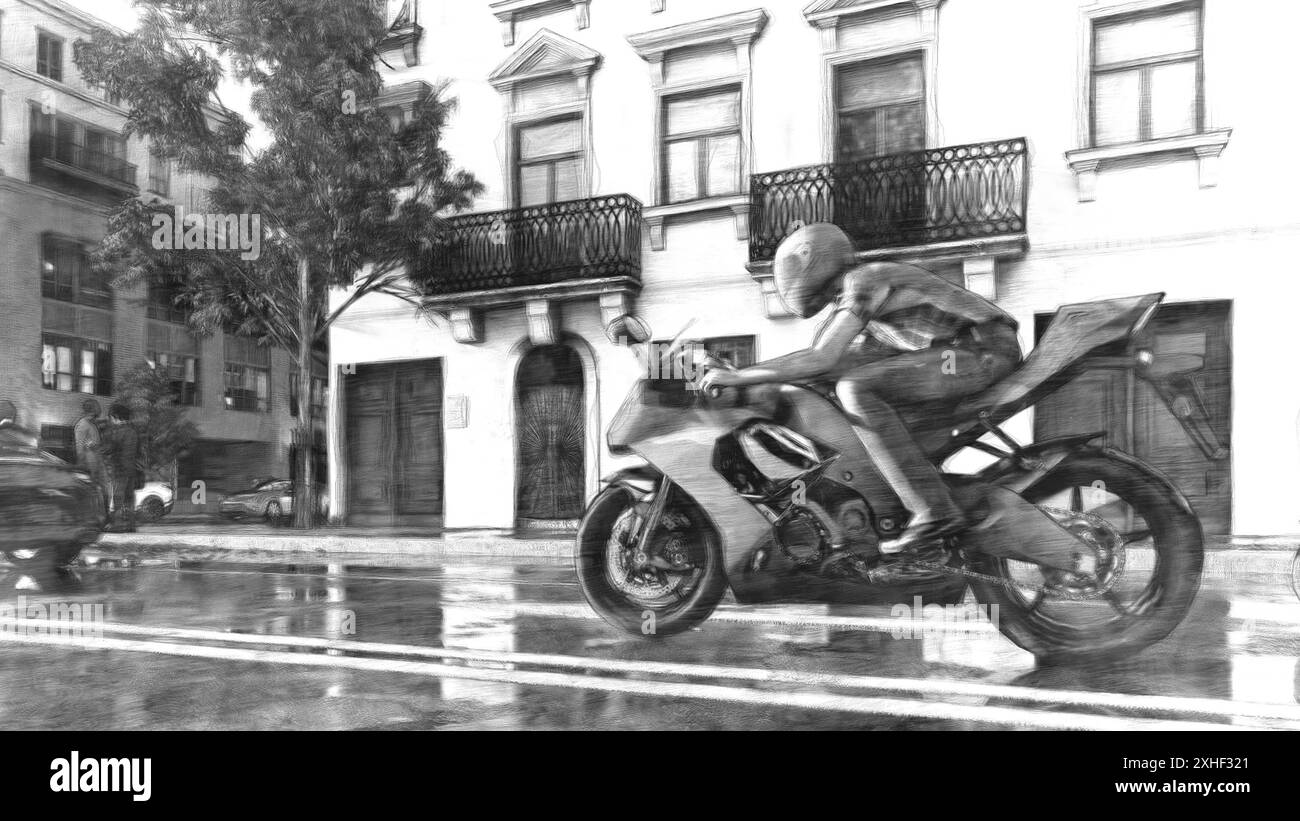 Biker riding motorcycle drawing hires stock