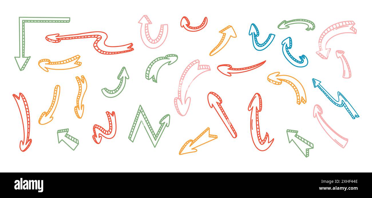 Arrow shapes with 3d effect doodle line vector artwork bundle on white background. Multiple pointers color isolated hand drawn illustration set Stock Vector
