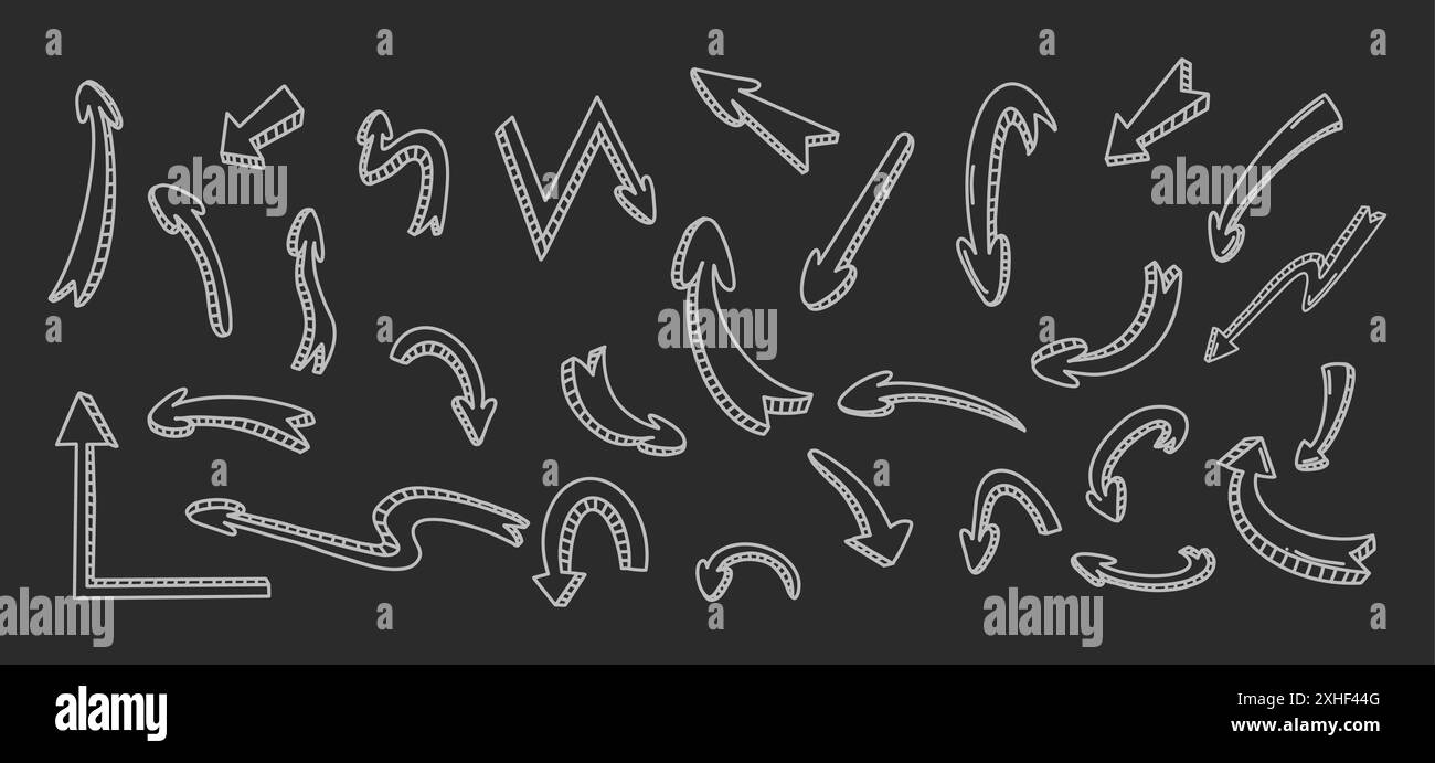 Arrow doodles with pseudo 3d white line vector icons bundle in negative ...