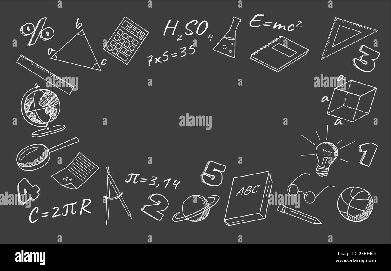 Education items ornament frame on chalkboard line vector illustration ...