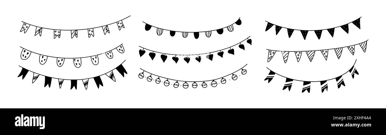 Flag garlands doodle line vector icons bundle on white background ...