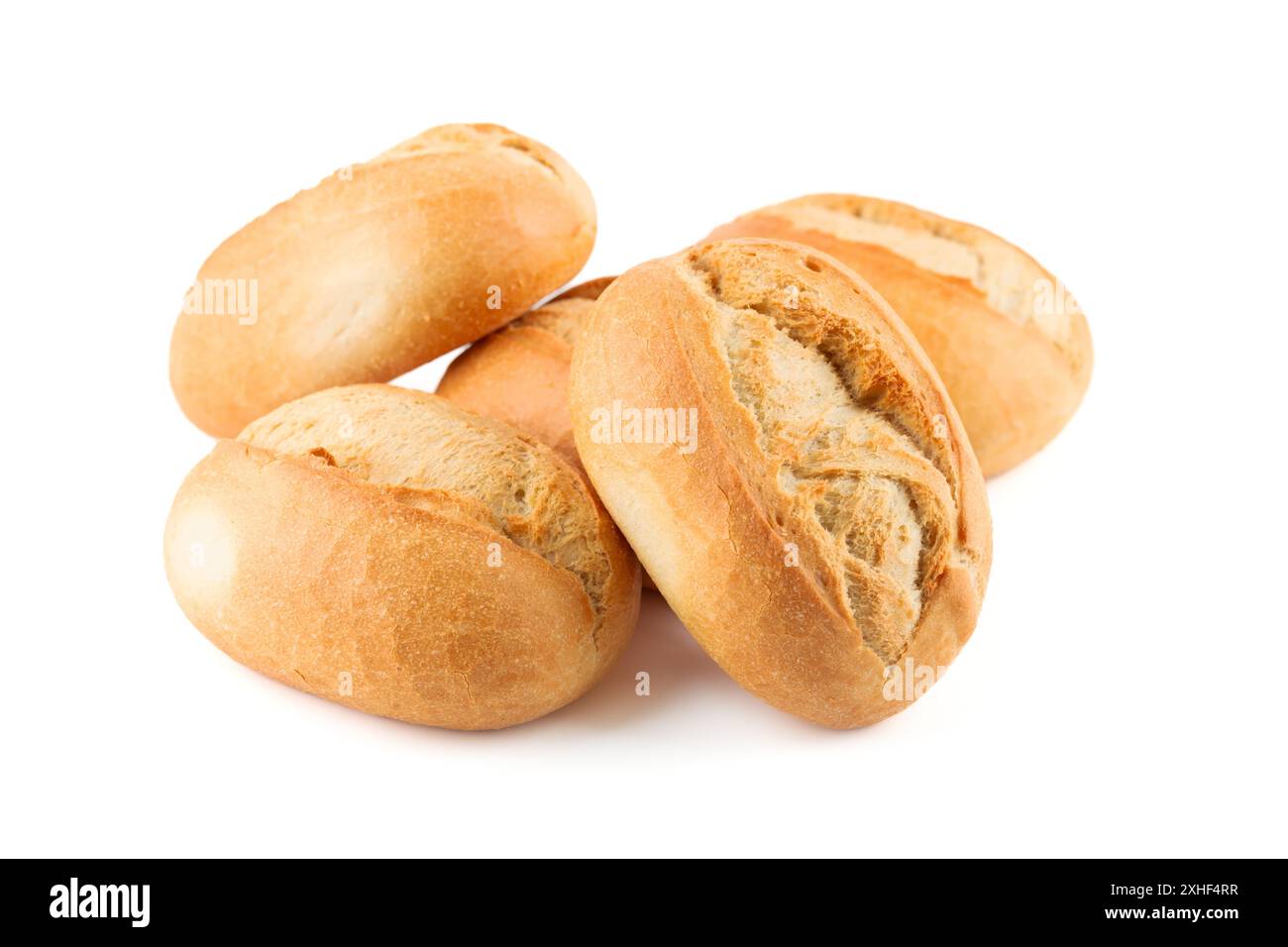 Crispy bread rolls isolated on white background. Fresh crispy bread rolls. Five bread rolls on white. Stock Photo