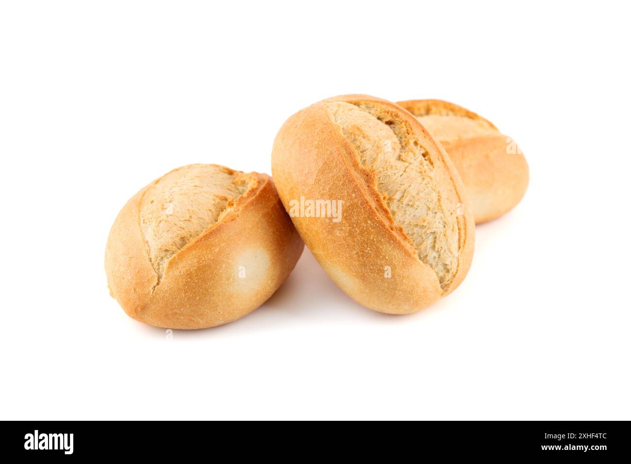 Crispy bread rolls isolated on white background. Fresh crispy bread rolls. Three bread rolls on white. Stock Photo