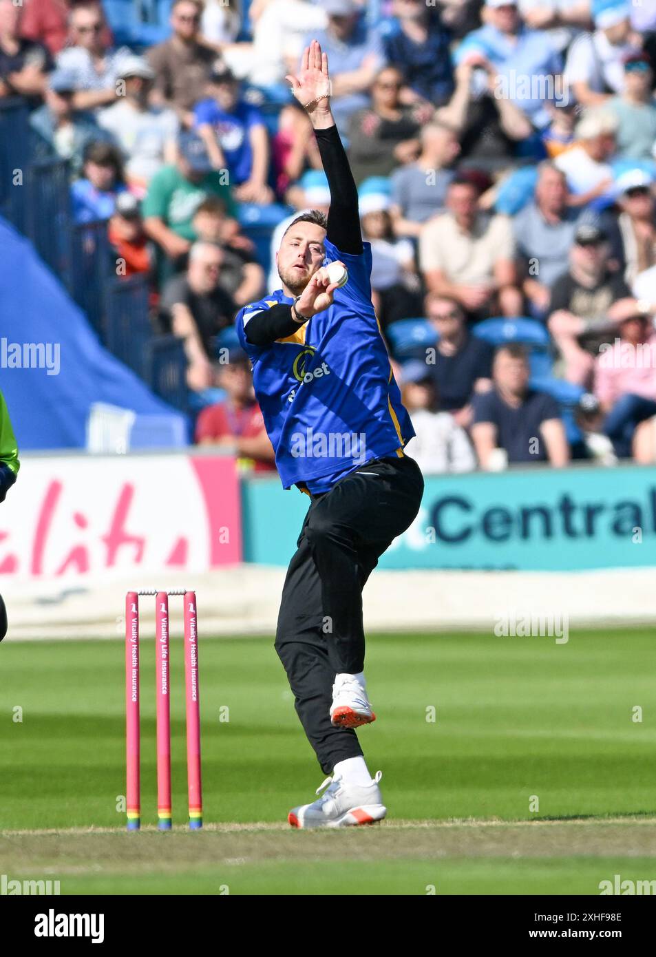 Hove UK 13th July 2024 -  Ollie Robinson bowling for Sussex Sharks  during the Vitality T20 Blast cricket match between Sussex Sharks and Essex at the 1st Central County Ground in Hove : Credit Simon Dack /TPI/ Alamy Live News Stock Photo