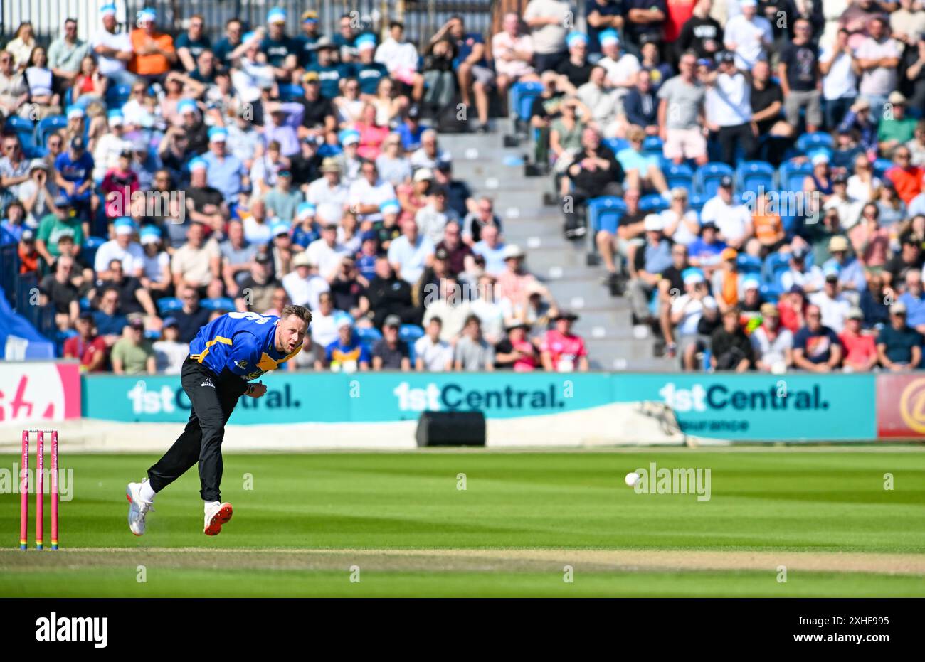 Hove UK 13th July 2024 -  Ollie Robinson bowling for Sussex Sharks  during the Vitality T20 Blast cricket match between Sussex Sharks and Essex at the 1st Central County Ground in Hove : Credit Simon Dack /TPI/ Alamy Live News Stock Photo