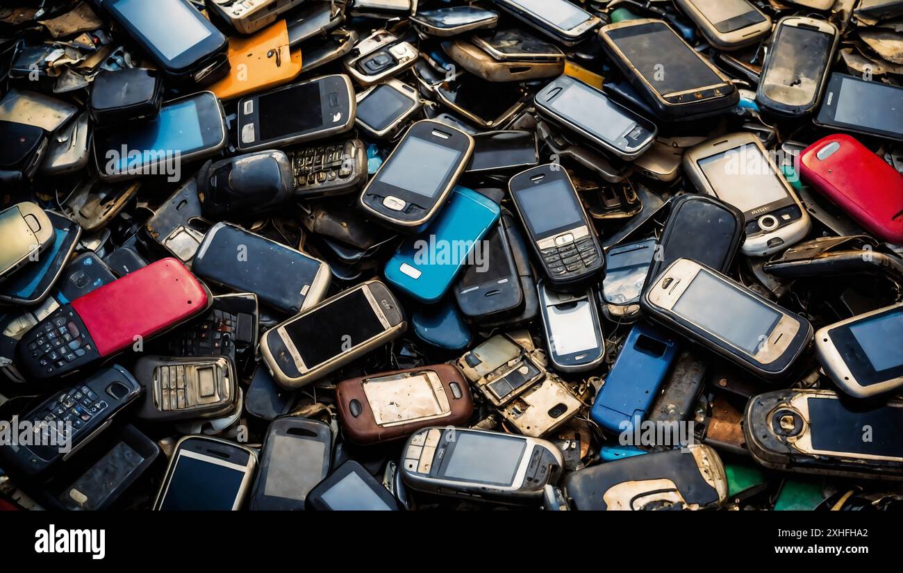 Pile of old mobile phones, recycling. Stock Photo