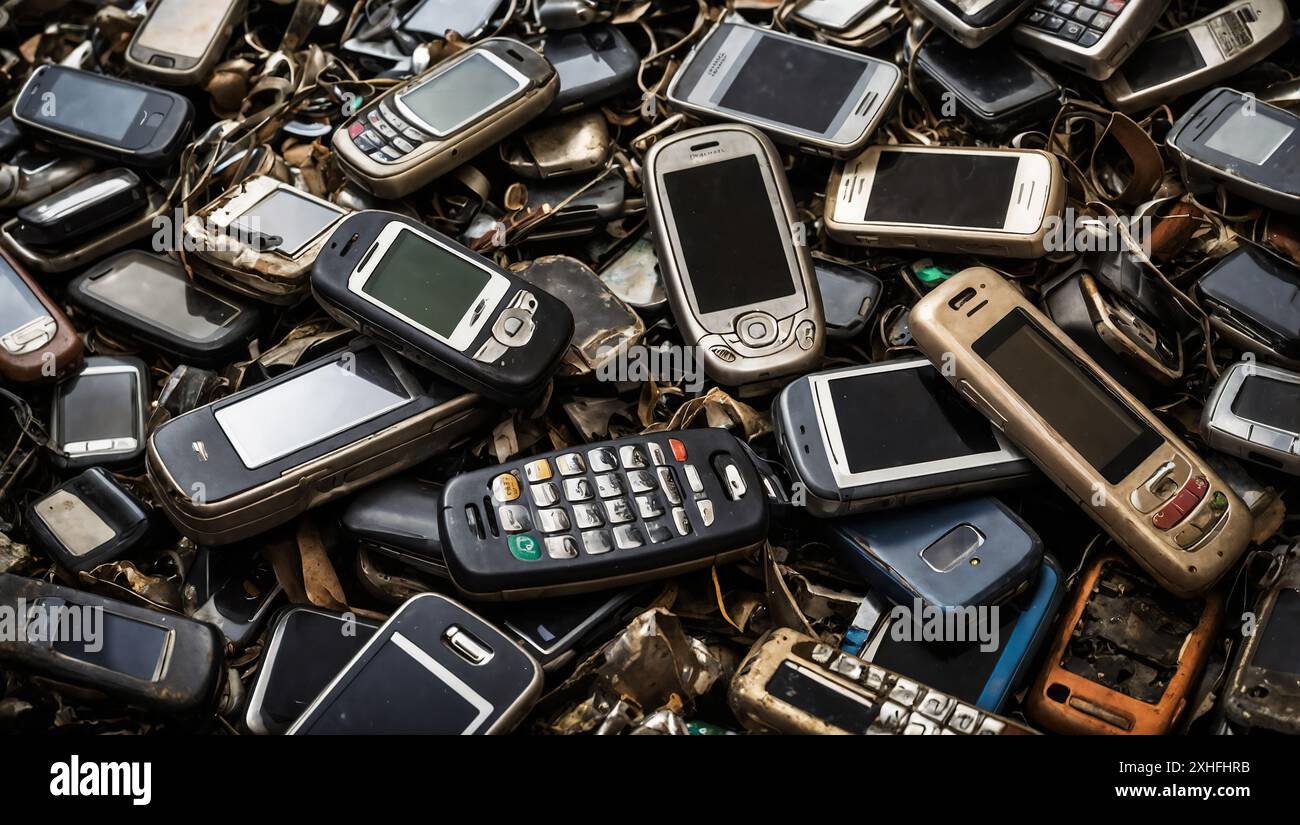 Pile of old mobile phones, recycling. Stock Photo