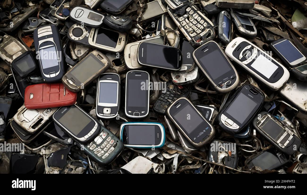 Pile of old mobile phones, recycling. Stock Photo