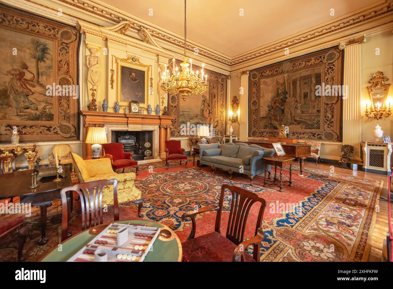 One of the lavishly furnished rooms at the historic Lyme Hall in Cheshire, UK. Stock Photo