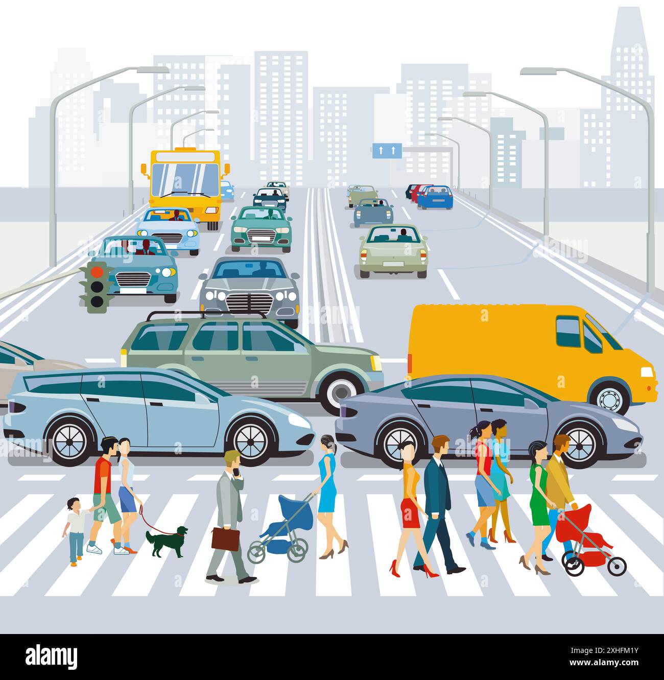 city with cars and pedestrians on the zebra crossing, illustration ...