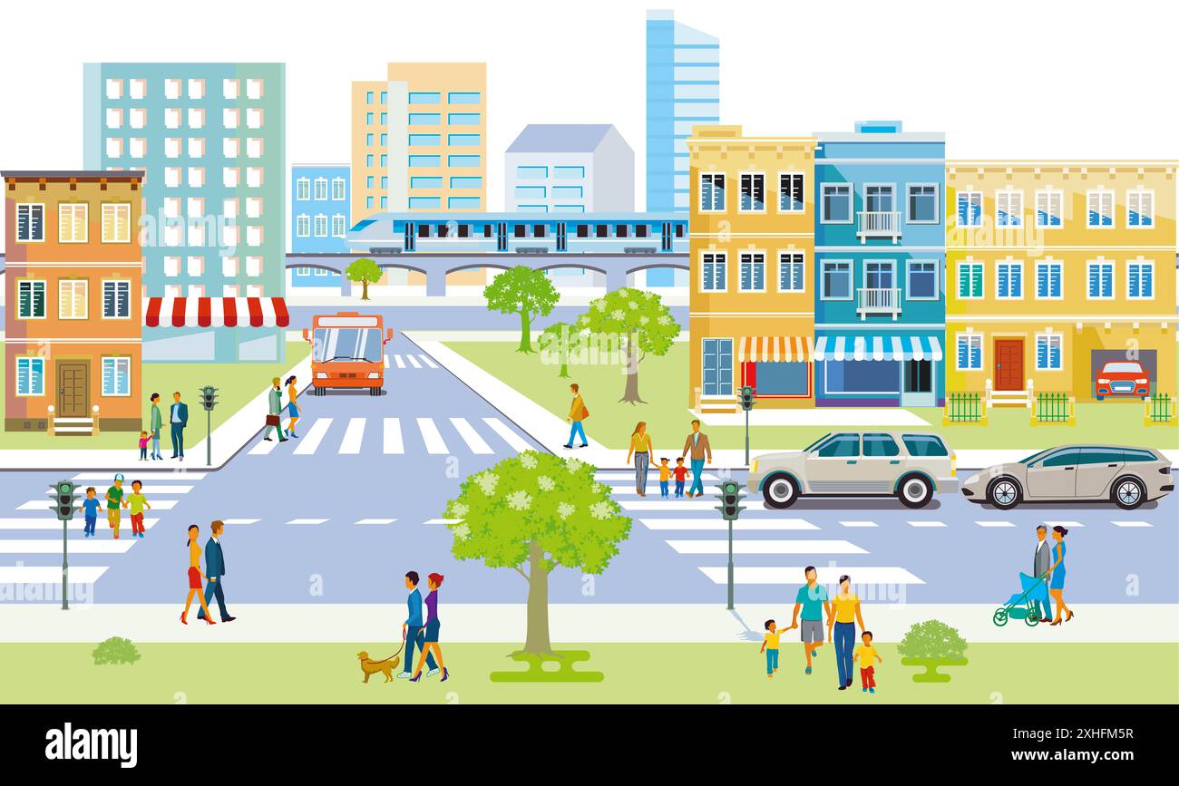 city with cars and pedestrians on the zebra crossing, illustration ...