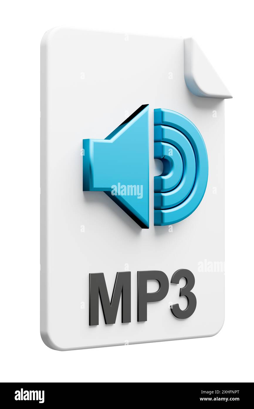 Threedimensional file type icon for the audio filetype MP3 isolated on pure white background for easy masking. Stock Photo