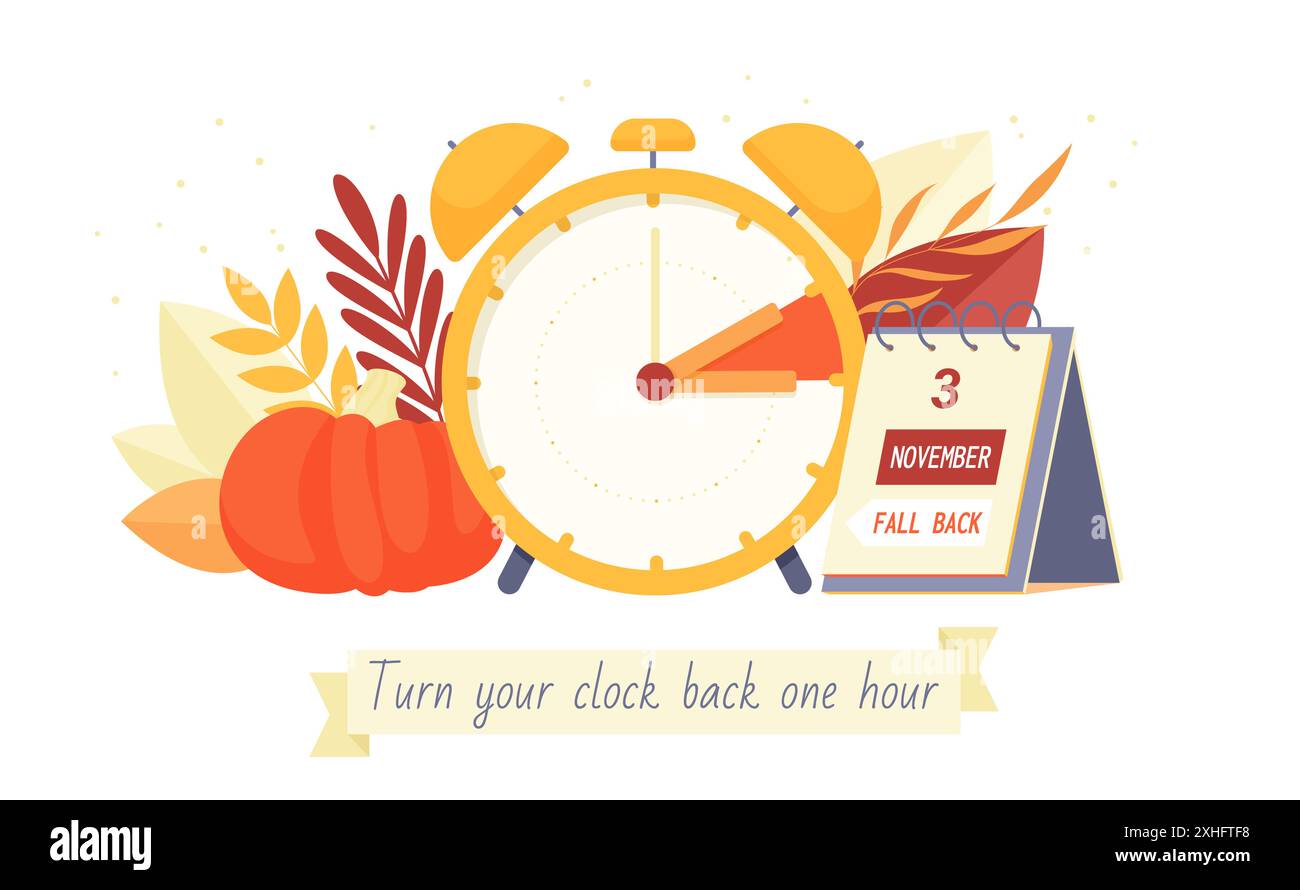 Daylight saving time ends, reminder banner design. Alarm clock and