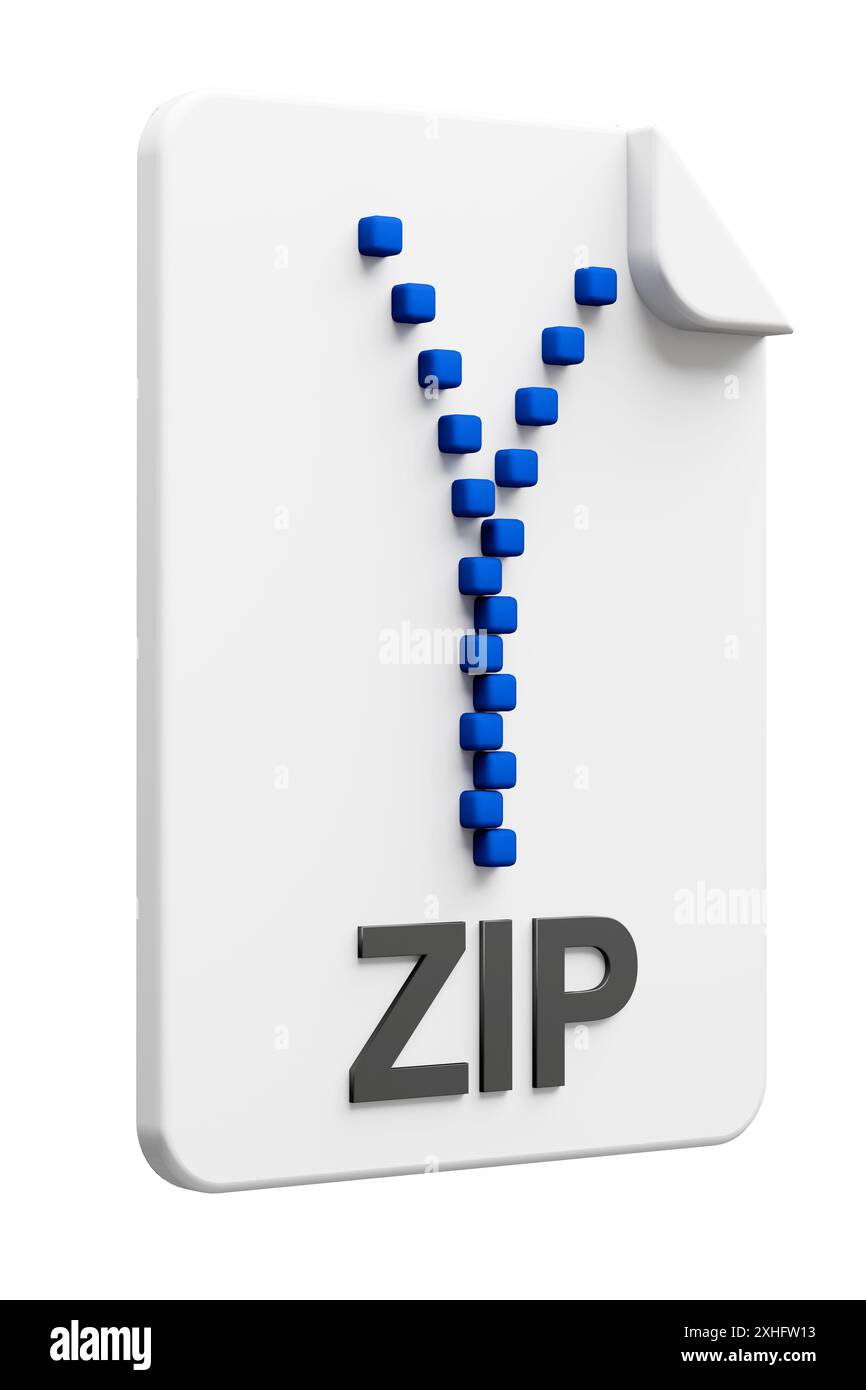 Threedimensional file type icon for the compressed  file format ZIP isolated on pure white background. Stock Photo