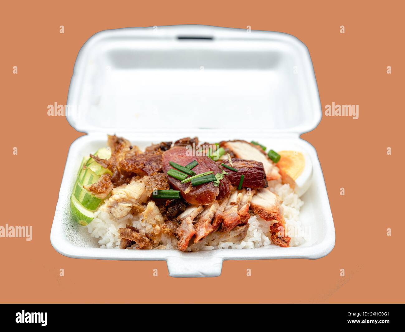 Rice with crispy and barbecued pork with rice in package for deliverly ...