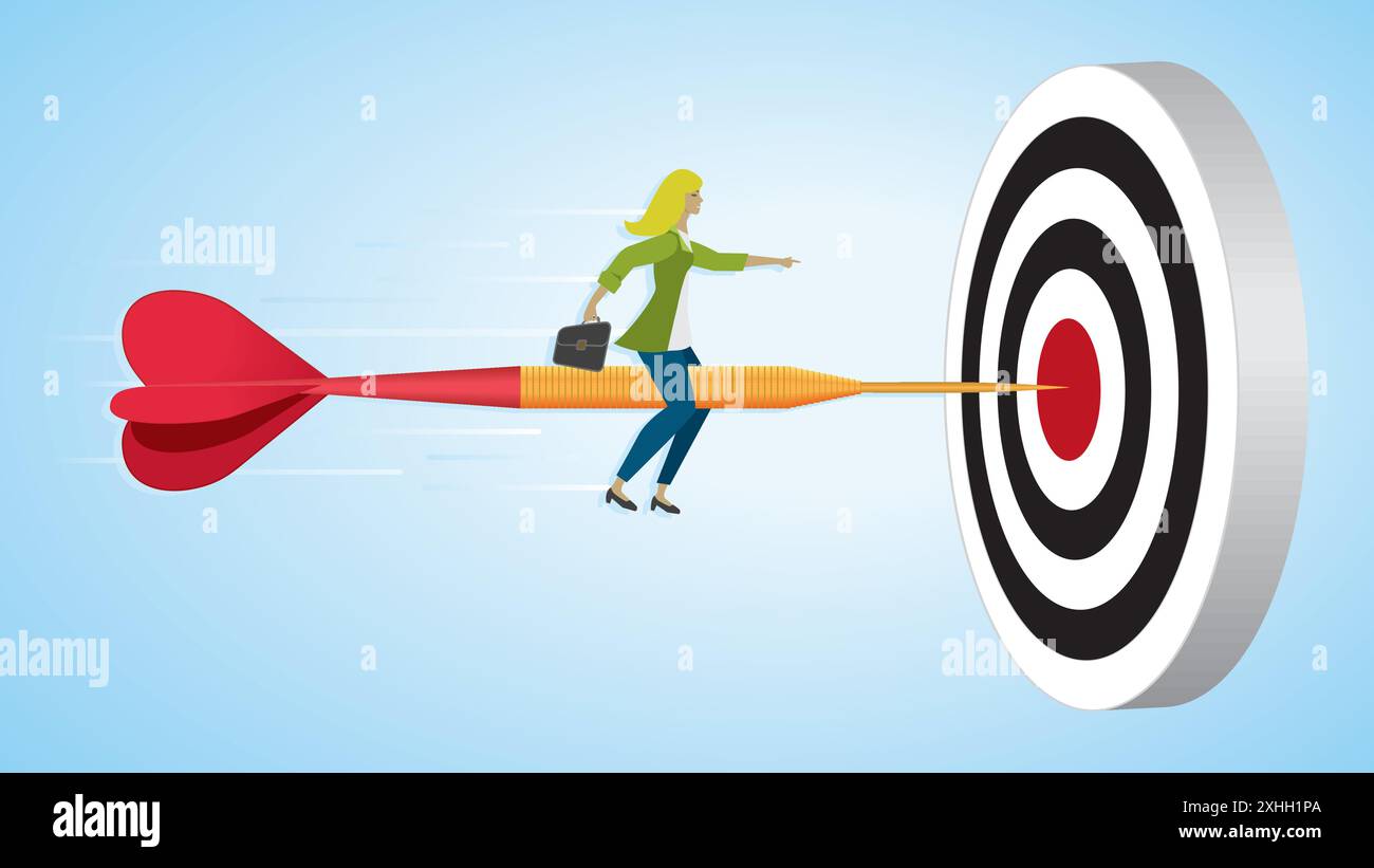 Determinated woman riding on dart arrow to her goal. Dimension 16:9 ...