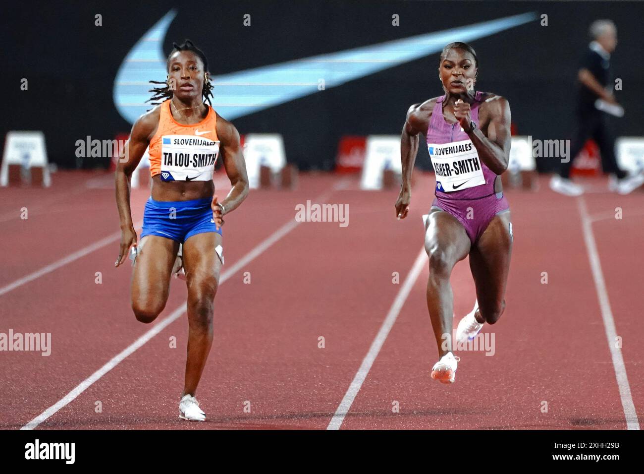 Marie-Josée Ta Lou Smith (Ivory Coast) and Dina Asher-Smith (Great Britain) 100 mt. women during Diamond League - Herculis Meeting International d'Ath Stock Photo