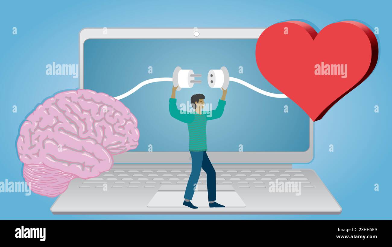 Brain Connect Computer Man connecting brain with hearth in front of laptop. Dimension 16:9 ...