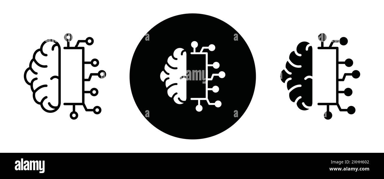 AI brain icon Black line art vector in black and white outline set ...