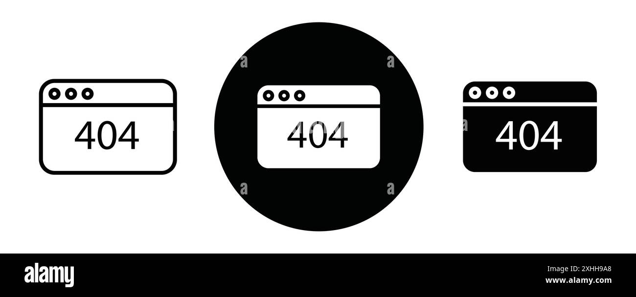 Error 404 page icon Black line art vector in black and white outline set collection sign Stock Vector