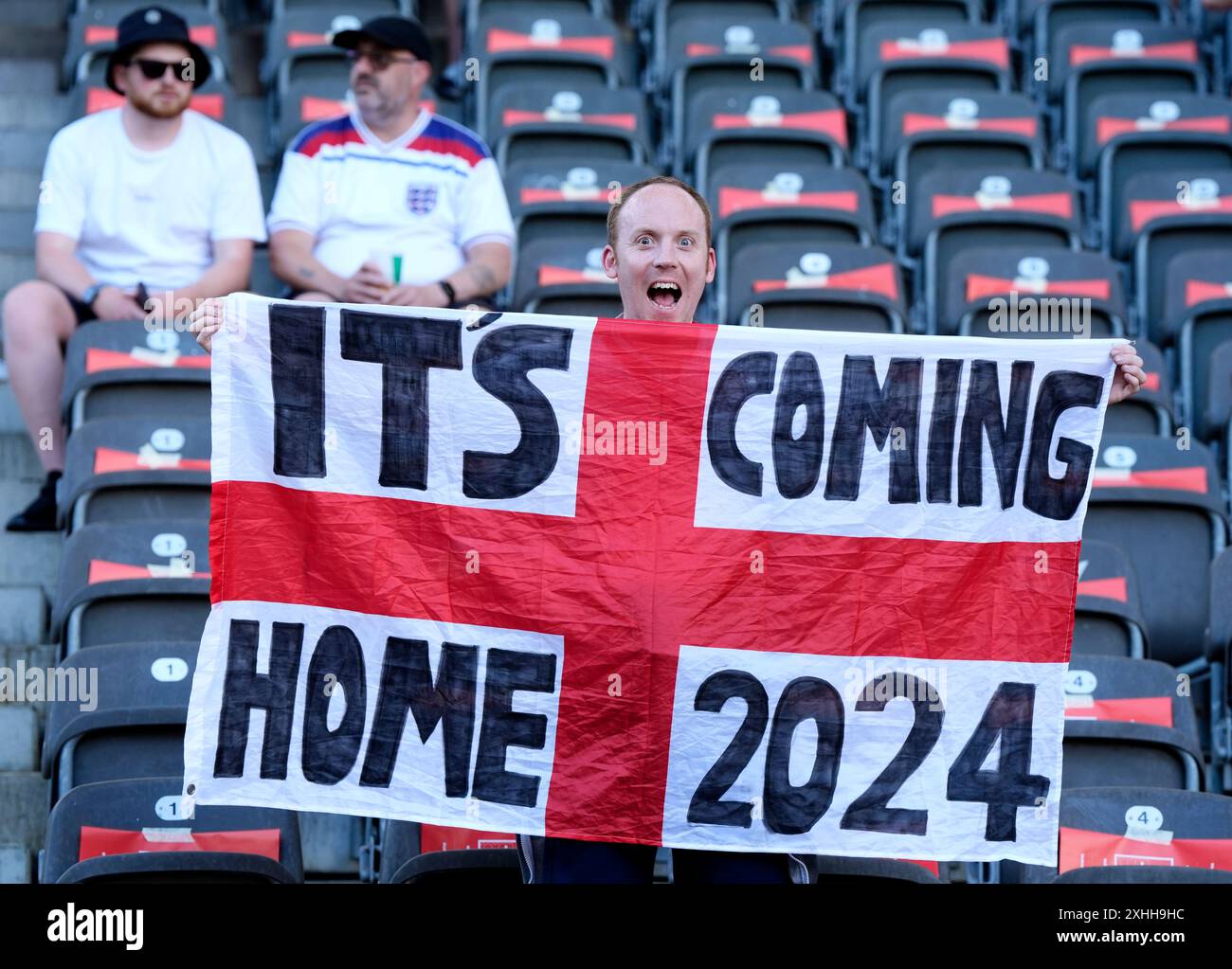 England fans puts up their flags inside the stadium before the UEFA ...