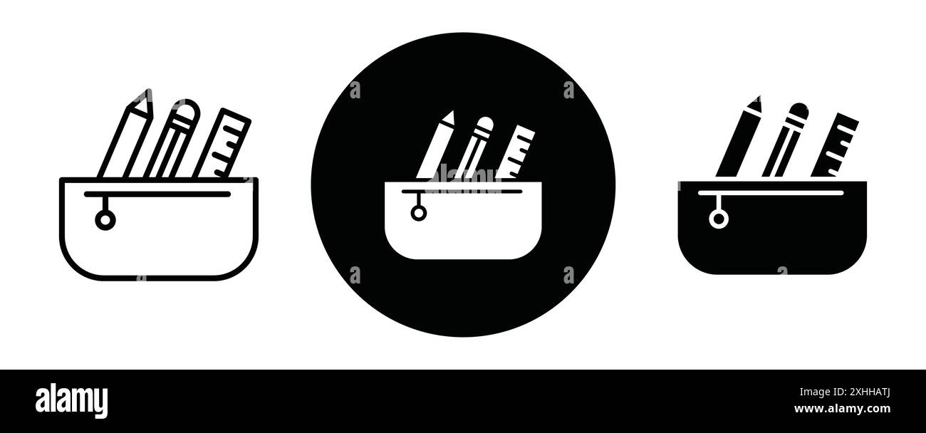 Pencil case icon Black line art vector in black and white outline set ...