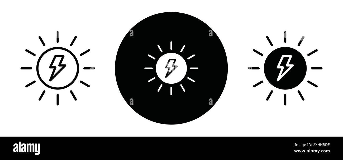 Sun energy icon Black line art vector in black and white outline set ...