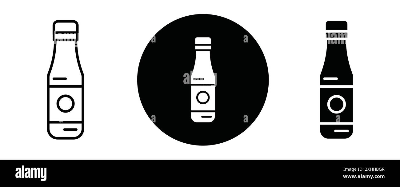 Sauce bottles icon Black line art vector in black and white outline set collection sign Stock Vector