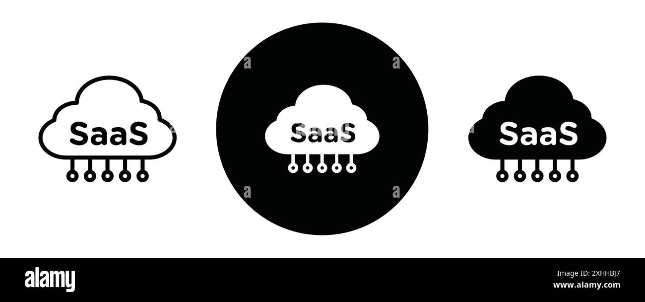 SaaS icon Black line art vector in black and white outline set collection sign Stock Vector