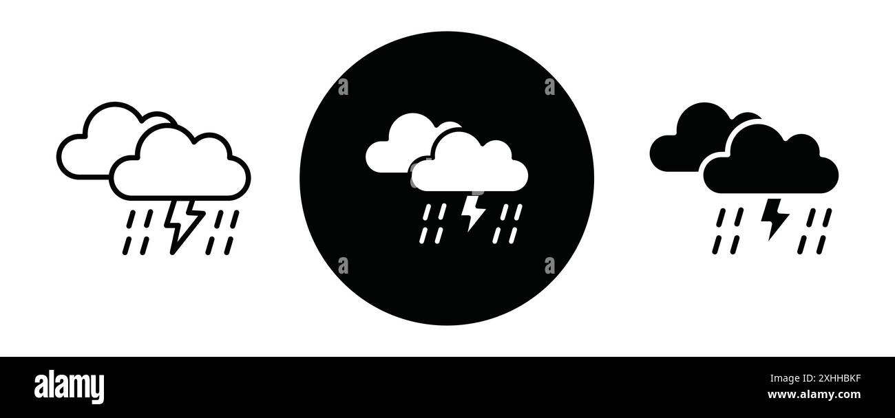 Thunderstorm icon Black line art vector in black and white outline set ...