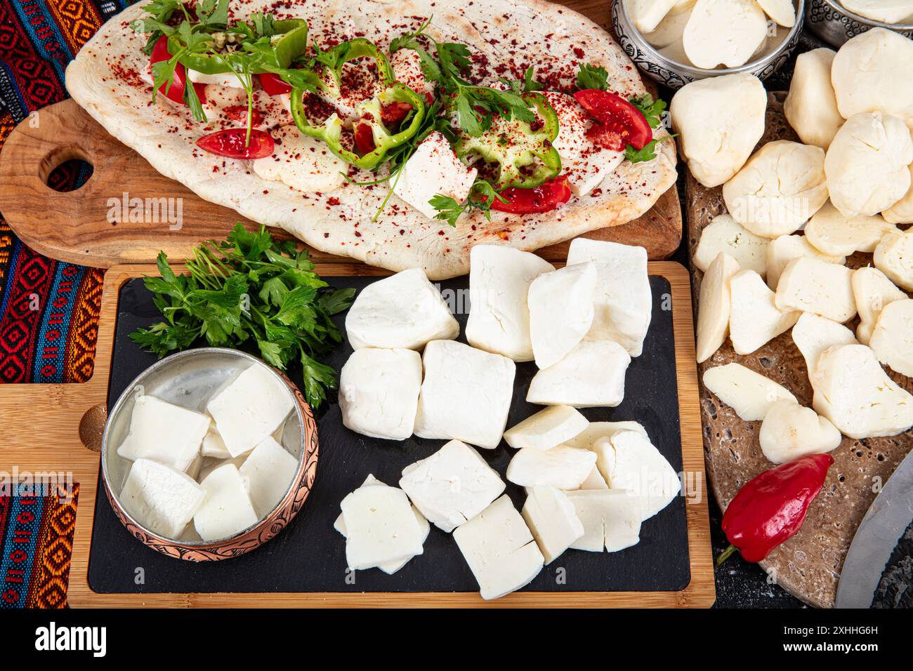 Traditional Turkish Cuisine Cheese types. Cheese exhibition consisting ...