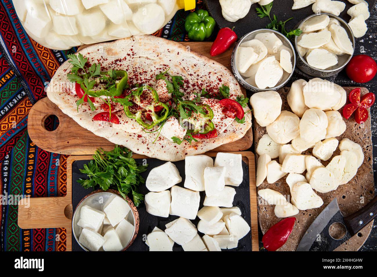 Traditional Turkish Cuisine Cheese types. Cheese exhibition consisting ...