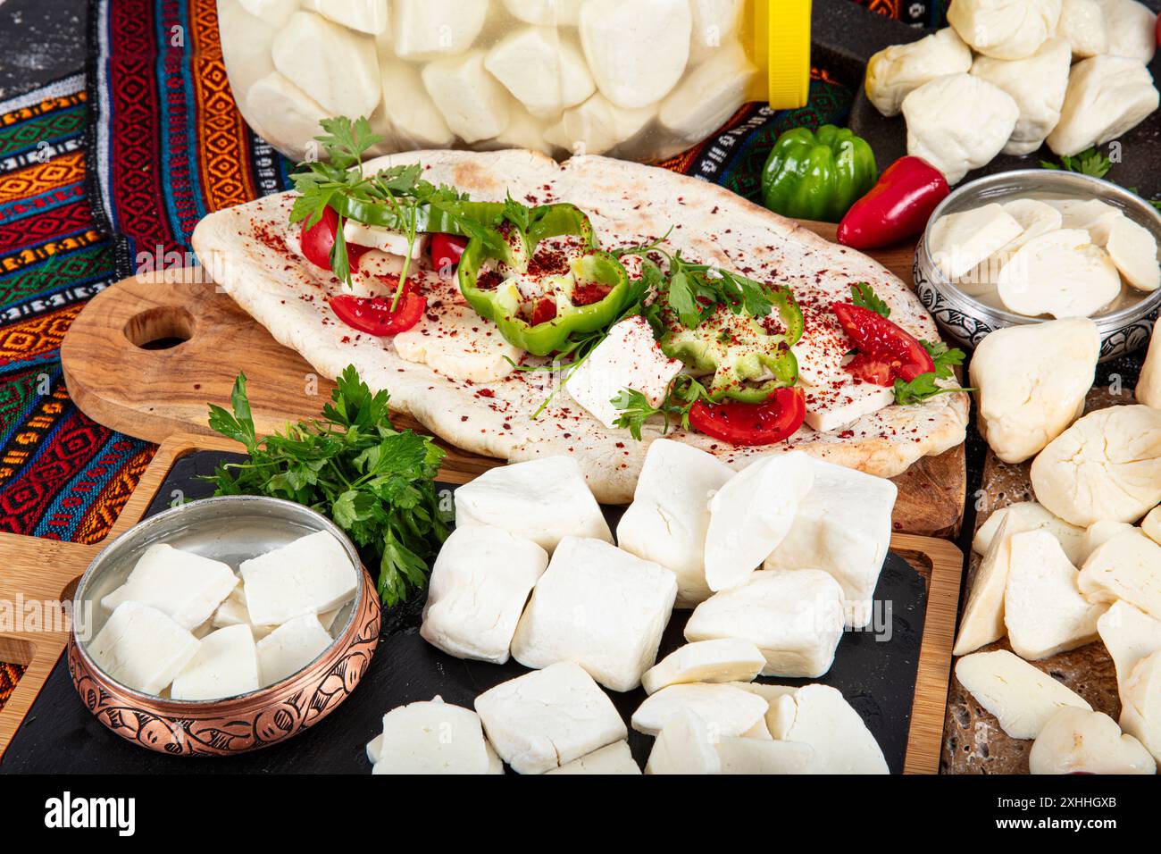 Traditional Turkish Cuisine Cheese types. Cheese exhibition consisting ...