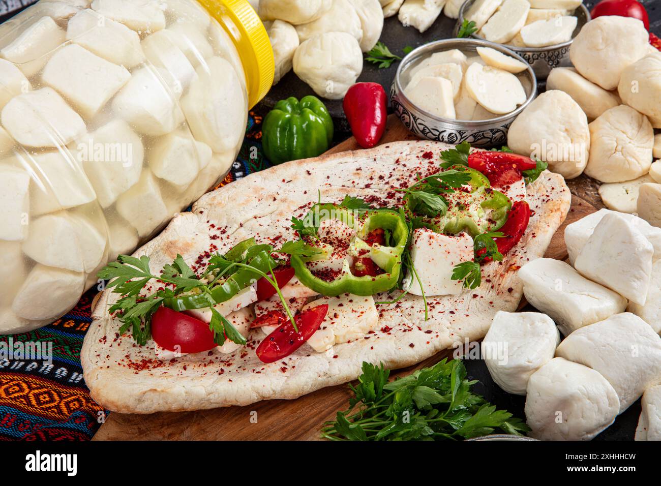 Traditional Turkish Cuisine Cheese types. Cheese exhibition consisting ...