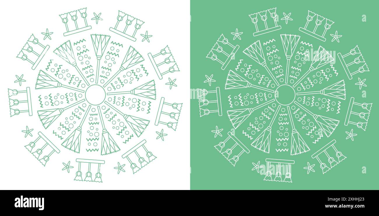 Set of identical circular design patterns on white and green ...