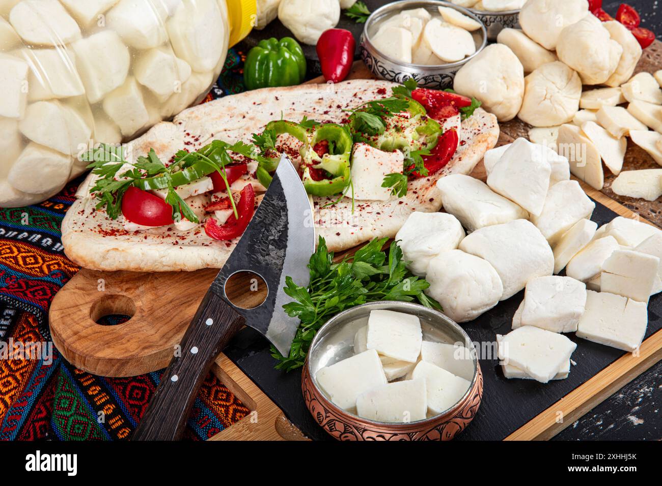 Traditional Turkish Cuisine Cheese types. Cheese exhibition consisting ...