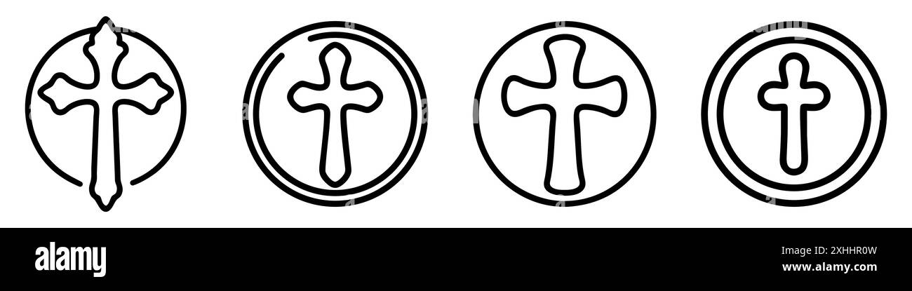 Christian cross drawn icon in a circle. Simple line art icon of a christian cross. Vector illustration Stock Vector