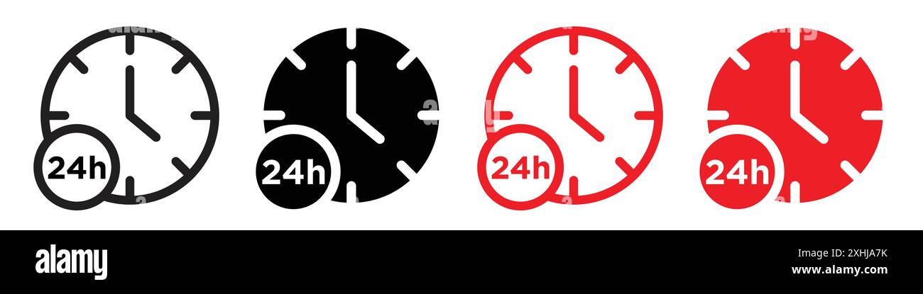 24 Hour time icon Black line art vector in black and white outline set ...