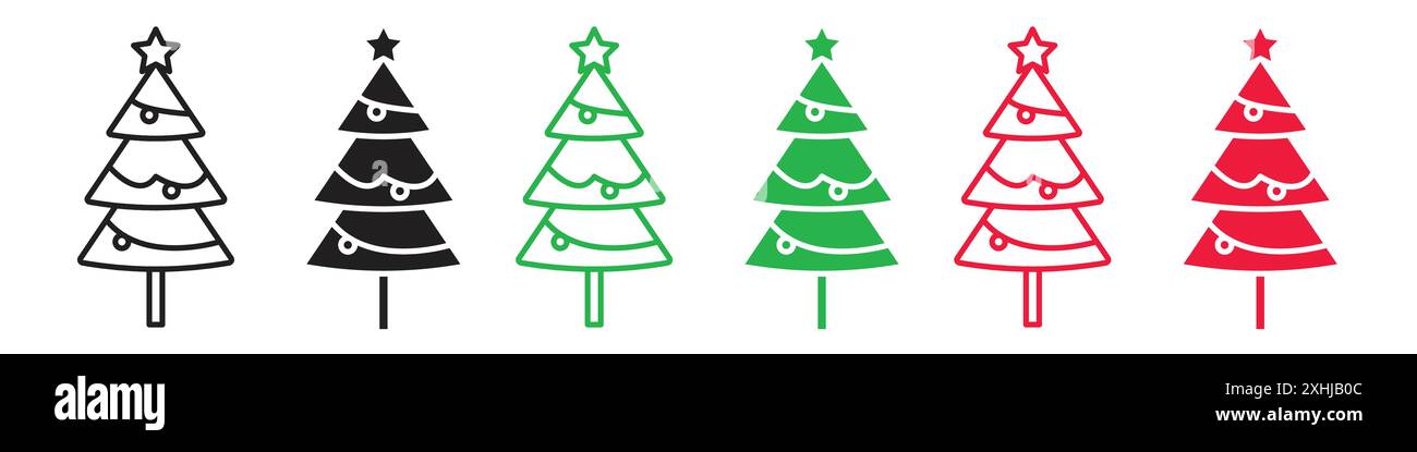 Christmas tree icon Black line art vector in black and white outline ...