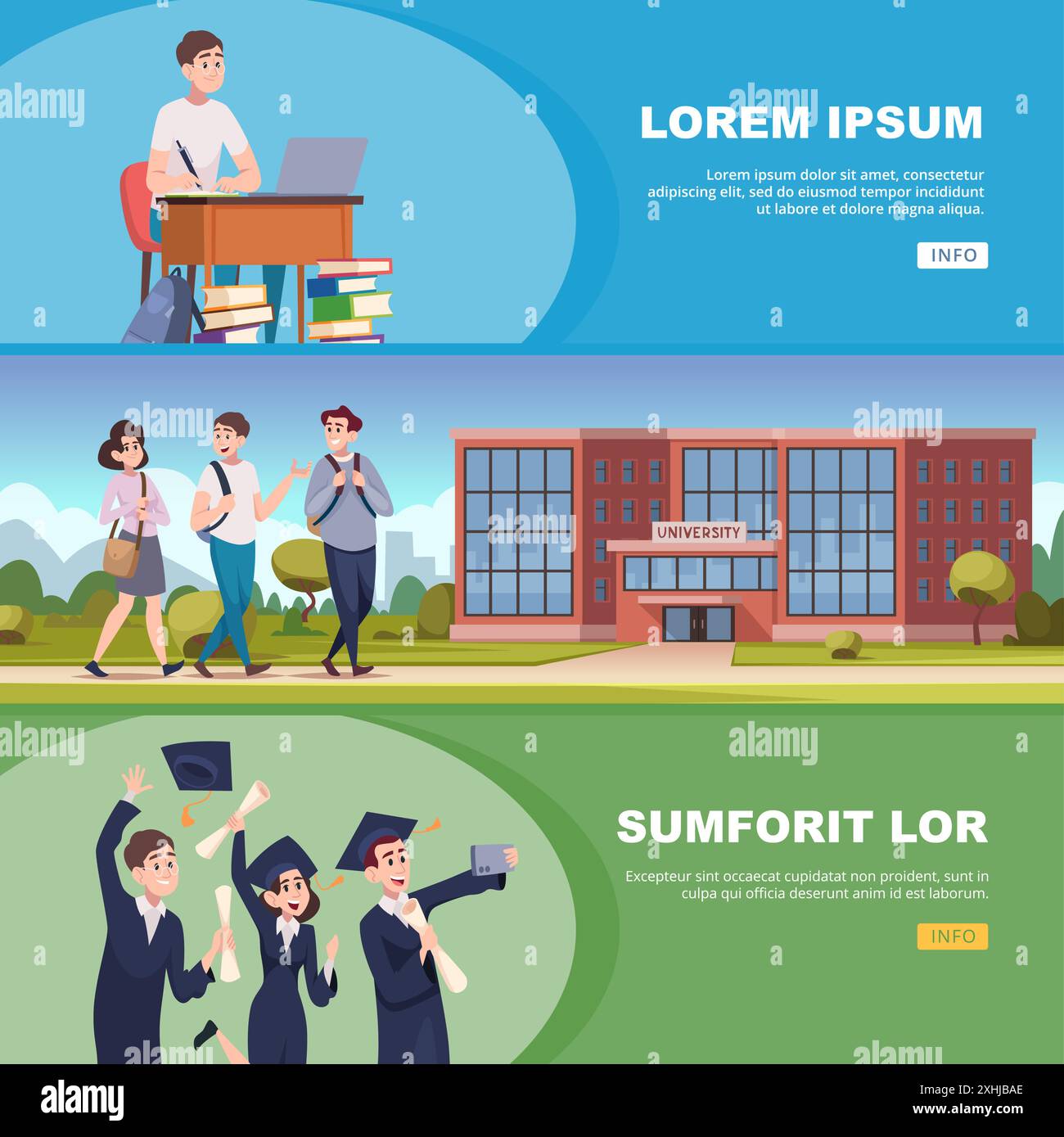 university people. students studying learning in university horizontal banners with place for text Stock Vector