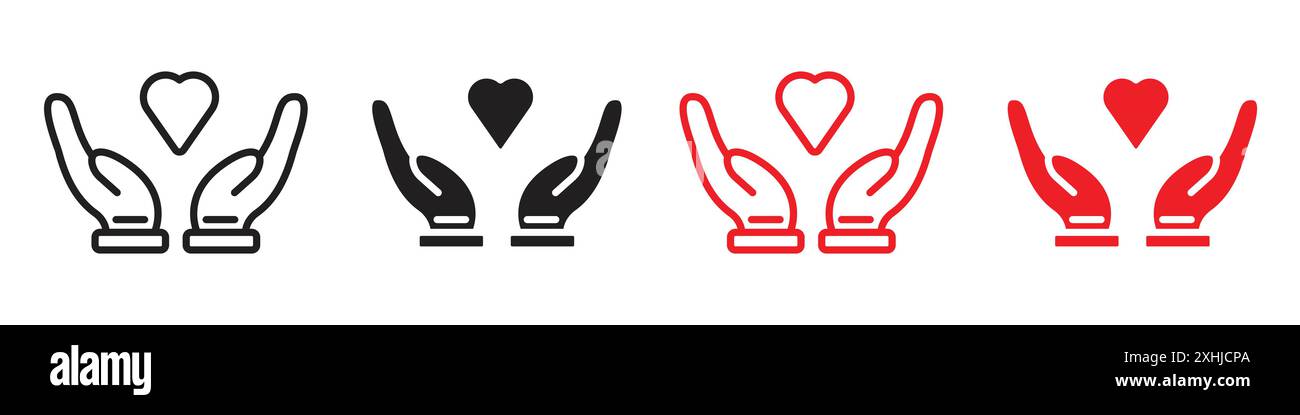 Heart in hand icon Black line art vector in black and white outline set ...