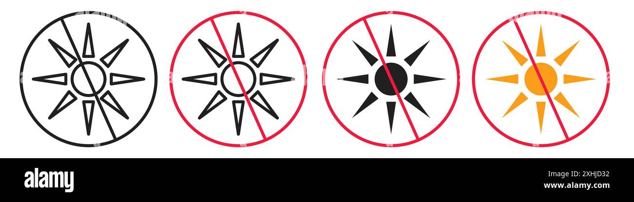 No sun icon Black line art vector in black and white outline set ...