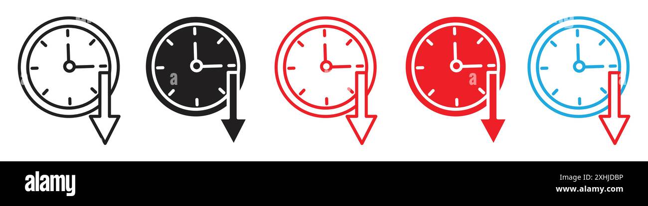 Less time icon Black line art vector in black and white outline set collection sign Stock Vector