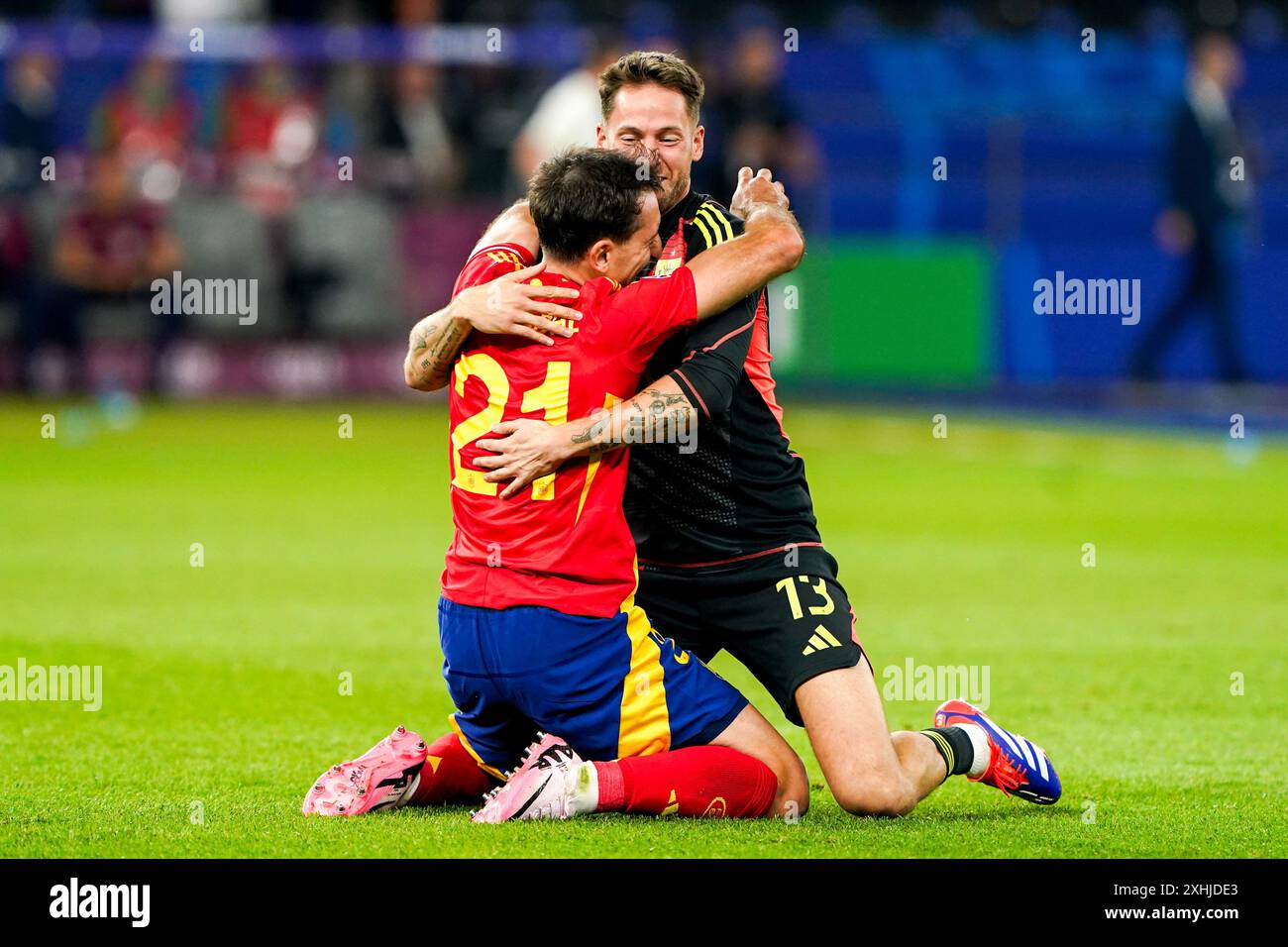 Berlin, Germany. 14th July, 2024. BERLIN, GERMANY - JULY 14: Mikel Oyarzabal of Spain and Alex Remiro of Spain celebrating victory during the UEFA EURO 2024 Final match between Spain and England at Olympiastadion on July 14, 2024 in Berlin, Germany. (Photo by Andre Weening/Orange Pictures) Credit: Orange Pics BV/Alamy Live News Stock Photo